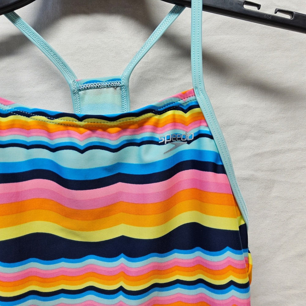 Speedo One Piece Swimsuit Girls Large 12/14 Multicolor Rainbow Wavy Stripe